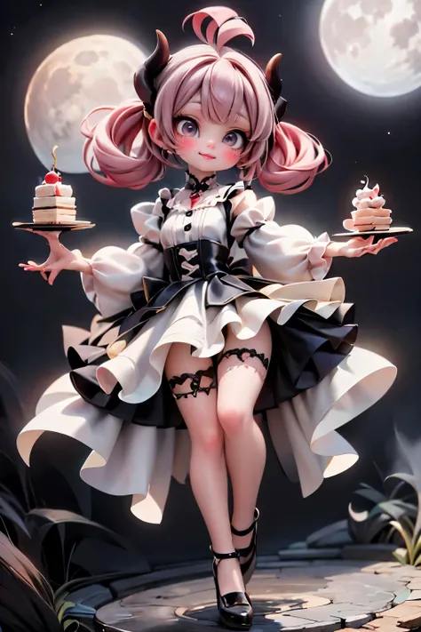 A whimsical under-moonlight scene: a horned girl with fiery locks and crimson-hued makeup beams brightly as she hastens to deliver a cake of love. Her intricate hairstyle and red earrings shimmer amidst the moon's silvery glow. She wears a red pastry chef'...