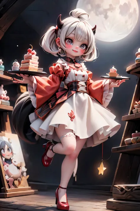 a cute horned girl smiling Carrying a cake of love in a hurry under the moon light, red horns, white hair, (big hairbows), red smokey eyes makeup, red blush, red lips, intrincate salon hairstyle, red earrings, choke, red pastry chef short puffy sleeves dre...