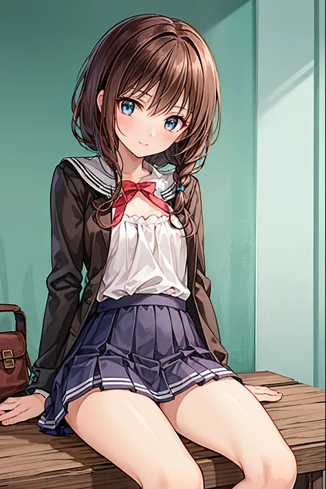  top quality、 Masterpiece、 one girl、 cute、Beautiful high school girl、 miniskirt、  sits on the ground  ，、Kamimei、 staring at me 、 Hair， shortcuts， unkempt hair，Short braided hair，Neat， slender beautiful woman， correct posture，Small chest， beautiful legs， en...