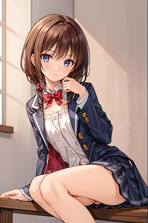  top quality、 Masterpiece、 one girl、 cute、Beautiful high school girl、 miniskirt、  sits on the ground  ，、Kamimei、 staring at me 、 Hair， shortcuts， unkempt hair，Short braided hair，Neat， slender beautiful woman， correct posture，Small chest， beautiful legs， en...