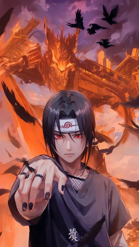 Itachi Uchiha, Susanoo, Sharingan, black crows, black hair, red eyes, ring, nail polishing, black t-shirt, bad looking