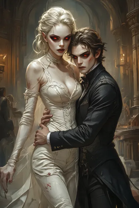 an epic comic art painting, watercolor masterpiece art of a female vampire bride and a groom hugging in church, a female vampire, white leather dress, tight dress, intricate dress, blood stains,   high heels, dynamic color dress, pale skin, best details be...