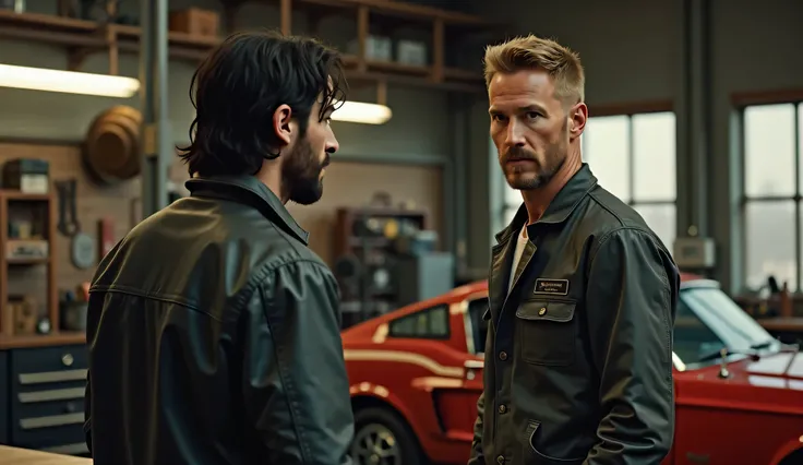 Keanu Reeves,  dressed in a black leather jacket standing in the middle of a car repair shop with a surprised expression on his face. Auto mechanic Jake is a young ,  face with a dense build,  man with short blond hair and sloppy bristles on his face, blue...