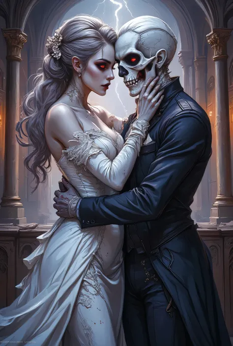 an epic comic art painting, watercolor masterpiece art of a female vampire bride and a skeleton groom hugging in church, a female vampire, white leather dress, tight dress, intricate dress, blood stains,   high heels, dynamic color dress, pale skin, best d...