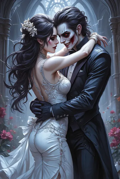 an epic comic art painting, watercolor masterpiece art of a female vampire bride and a skeleton groom hugging in church, a female vampire, white leather dress, tight dress, intricate dress, blood stains,   high heels, dynamic color dress, pale skin, best d...