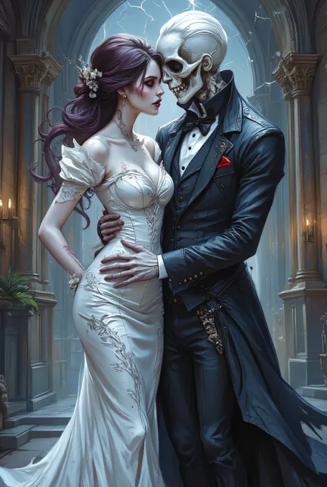 an epic comic art painting, watercolor masterpiece art of a female vampire bride and a skeleton groom hugging in church, a female vampire, white leather dress, tight dress, intricate dress, blood stains,   high heels, dynamic color dress, pale skin, best d...