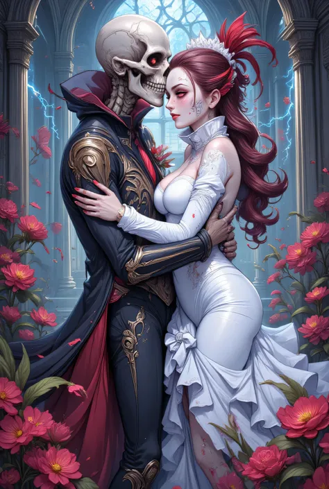 an epic comic art painting, watercolor masterpiece art of a female vampire bride and a skeleton groom hugging in church, a female vampire, white leather dress, tight dress, intricate dress, blood stains,   high heels, dynamic color dress, pale skin, best d...