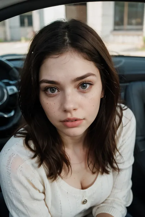 a woman locked in a car in a sweater, cute freckles, small freckles, 18 years old, she looks like a Grimes mix, beautiful huge eyes, sitting in her car, With freckles, with pale skin, Instagram template, pale skin and dark eyes, looks like a Grimes mix, lo...