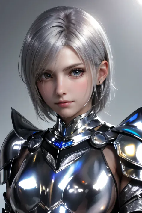  Complete Technique　 top quality, highest resolution,(((Metallic shiny armor　 Silver Hair　 short hair)))　knight　expressionless　flat chest　woman　cool