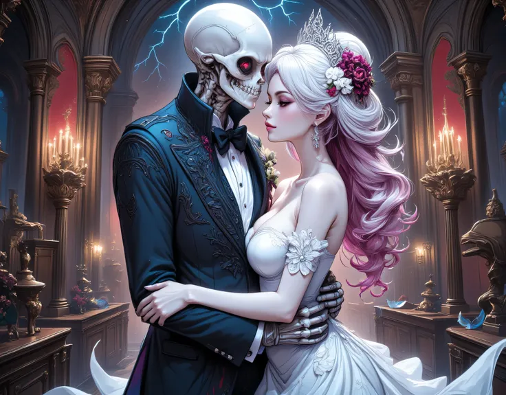 an epic comic art painting, watercolor masterpiece art of a female vampire bride and a skeleton groom hugging in church, a female vampire, white leather dress, tight dress, intricate dress, blood stains,   high heels, dynamic color dress, pale skin, best d...