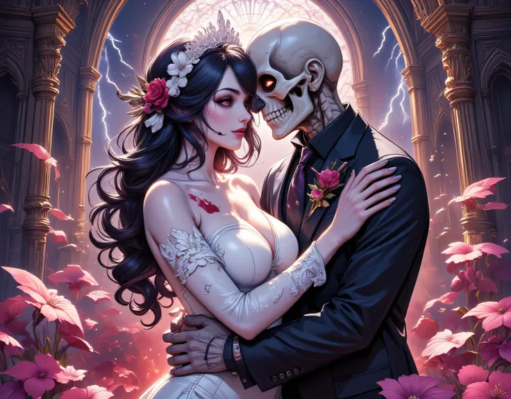 an epic comic art painting, watercolor masterpiece art of a female vampire bride and a skeleton groom hugging in church, a female vampire, white leather dress, tight dress, intricate dress, blood stains, high heels, dynamic color dress, pale skin, best d...