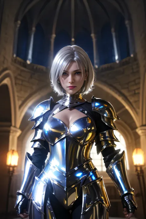  Complete Technique　 top quality, highest resolution,(((Metallic shiny armor　 shiny silver hair　 short hair　 shiny skin around)))　knight　expressionless　flat chest　woman　 boyish　cool　Castle