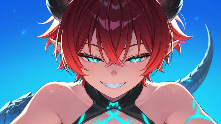 score_9,score_8_up,score_7_up,score_6_up, source_anime, BREAK, solo, solo focus, 1girl, dragon girl, neon colors, shining colors, dragon girl, tail, pointy ears, horns, shining eyes, close up, evil smile, half closed eyes, scales on body, red hair, cyan ey...