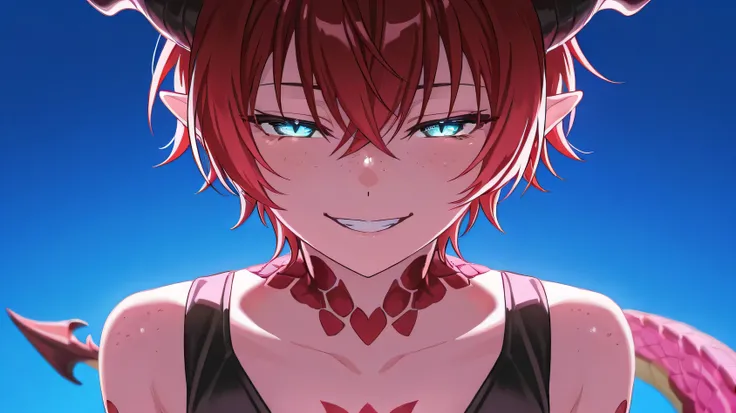 score_9,score_8_up,score_7_up,score_6_up, source_anime, BREAK, solo, solo focus, 1girl, dragon girl, neon colors, shining colors, dragon girl, tail, pointy ears, horns, shining eyes, close up, evil smile, half closed eyes, scales on body, red hair, cyan ey...