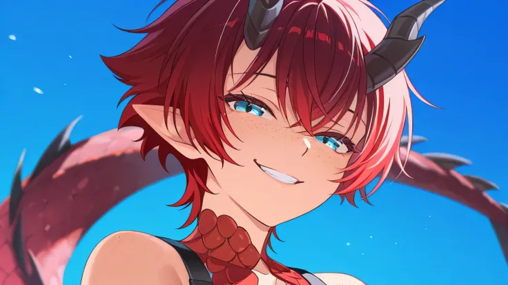 score_9,score_8_up,score_7_up,score_6_up, source_anime, BREAK, solo, solo focus, 1girl, dragon girl, neon colors, shining colors, dragon girl, tail, pointy ears, horns, shining eyes, close up, evil smile, half closed eyes, scales on body, red hair, cyan ey...