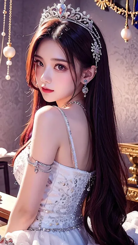 ( Masterpiece,  top quality: 1.4),  Detailed Biography, Fortune teller beauty、White Crystal,  Crystal Cluster , long hair,  pink dress、 jewelry,  earrings,  necklace,  crown, At the desk,  maroon hair,  halo,Beautiful Fortune Teller 。 beautiful and colorfu...