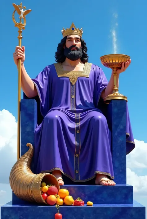  a mature male figure ,  majestic but benign with a face ,  is seated on a lapis lazuli throne . This throne ,  with his four-step platform ,  is securely established in the bright blue sky .  The figure has luxurious dark hair and beard ,  its head crowne...