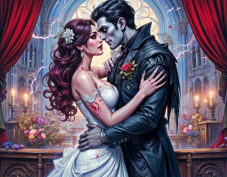 an epic comic art painting, watercolor masterpiece art of a female vampire bride and a skeleton groom hugging in church, a female vampire, white leather dress, tight dress, intricate dress, blood stains, high heels, dynamic color dress, pale skin, best d...