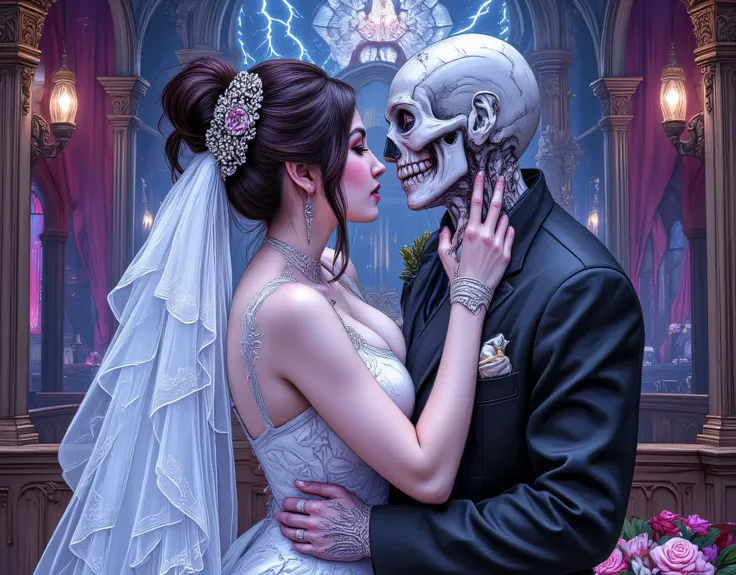 an epic comic art painting, watercolor masterpiece art of a female vampire bride and a skeleton groom hugging in church, a female vampire, white leather dress, tight dress, intricate dress, blood stains, high heels, dynamic color dress, pale skin, best d...