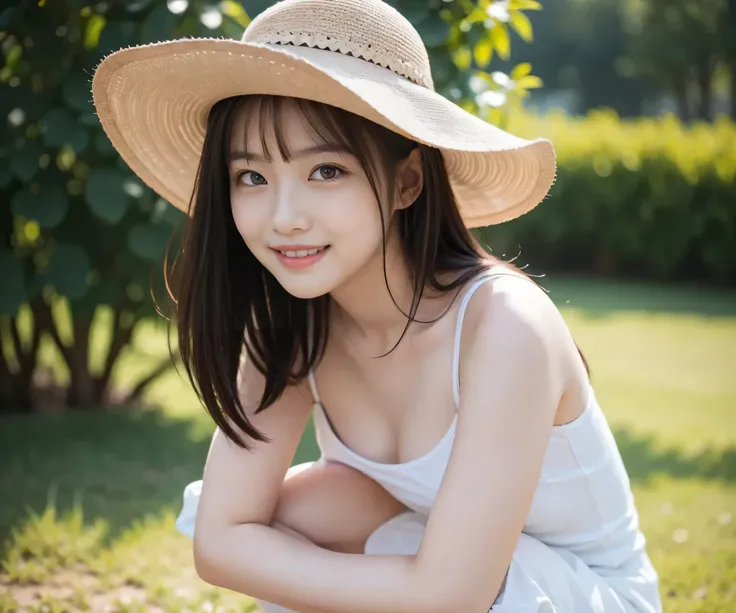 8k, RAW photo, best quality, masterpiece, realistic, photo-realistic, clear, professional lighting, beautiful face, best quality, ultra high res, (a girl,squat, wearing a hat and smiling for the camera), girl, dau-al-set , a stock photo