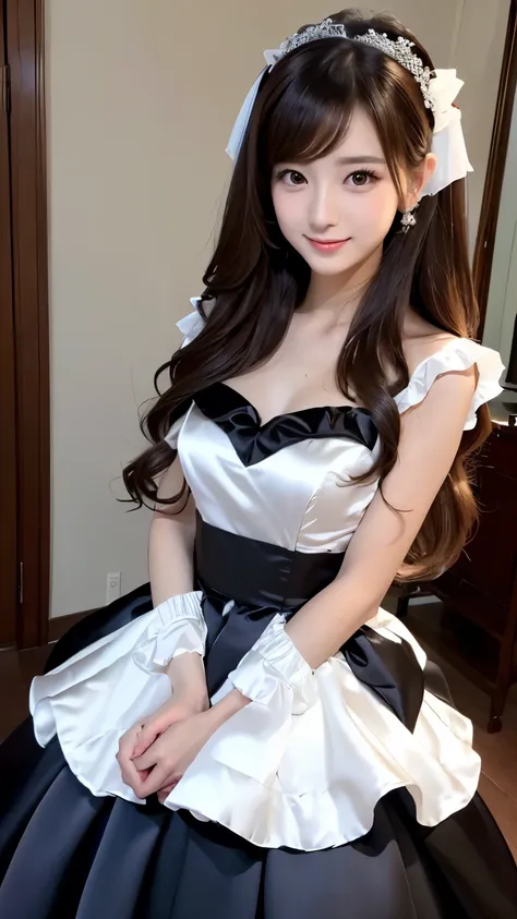 (((Top Quality))), (((Masterpiece))), (((Detail))), tall, looking at camera, face-to-face, black shiny silk satin ruffle girly empire length wedding dress, hands thrust forward, Japanese, brown hair, long hair, gorgeous room,. Gorgeous ribbon hair accessor...