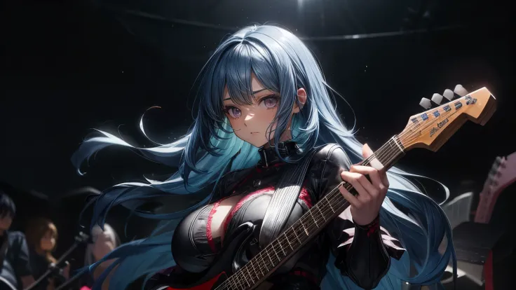  A stunningly detailed photorealistic anime illustration of a death metal guitarist . ( big breasts:1.3).  A guitarist with long wavy hair wears an intricate full-arm tattoo and a tight outfit,  audience emphasizing her curvy figure .  She plays an electri...