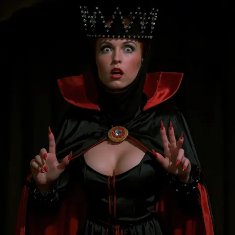 cinematic long shot film still of the Evil Queen. a surprised woman with Huge Wide Bulging Eyes, Pointed finger with Long Red shiny Nails, Very busty in a black costume, Long Black Satin Cape with red satin Lining and a black crown with wide staring eyes a...