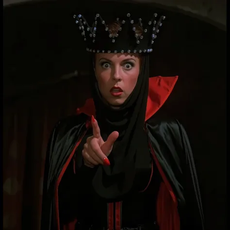 cinematic long shot film still of the Evil Queen. a surprised woman with Huge Wide Bulging Eyes, Pointed finger forward toward Camera with Long Red shiny Nails, Very busty in a black costume, Long Black Satin Cape with red satin Lining and a black crown wi...