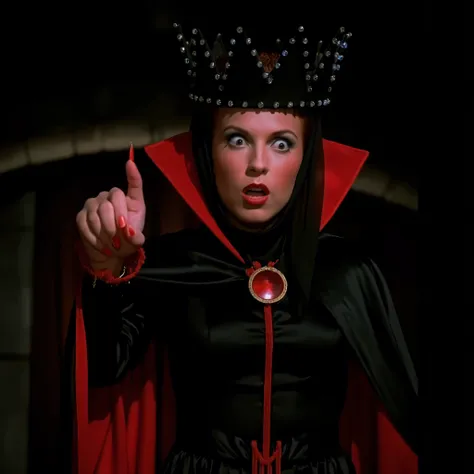 cinematic long shot film still of the Evil Queen. a surprised woman with Huge Wide Bulging Eyes, Pointed finger forward toward Camera with Long Red shiny Nails, Very busty in a black costume, Long Black Satin Cape with red satin Lining and a black crown wi...