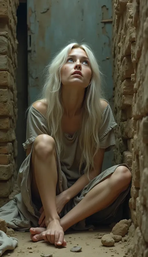 A beautiful girl with long white hair, Looking up at the sky, wearing old and torn clothes,Sitting tired on the ground in an old mud building 