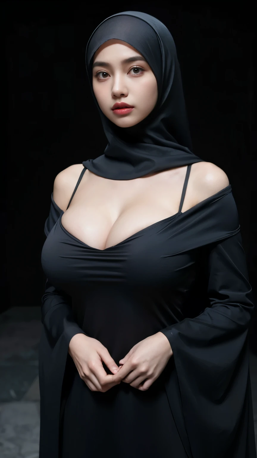 Two 20-year-old women,Hijab, (satin flowing gamis), Dark Theme, Calm tone, Calm colors, High Contrast, (Natural skin texture, Hyperrealism, Soft Light, sharp), Simple Background, slim body with Large Breasts, (Large Breasts: 1.6) Wear tight off-the-shoulde...