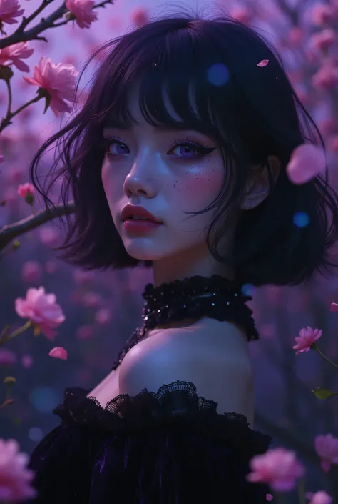 hyperrealistic, beautiful goth girl looking down at the camera, purple eyes, smoky eyeliner, detailed skin, freckles, long raven hair flowing in the wind, short cropped bangs, elegant black Victorian-style velvet collared dress, scattered rose petals blowi...