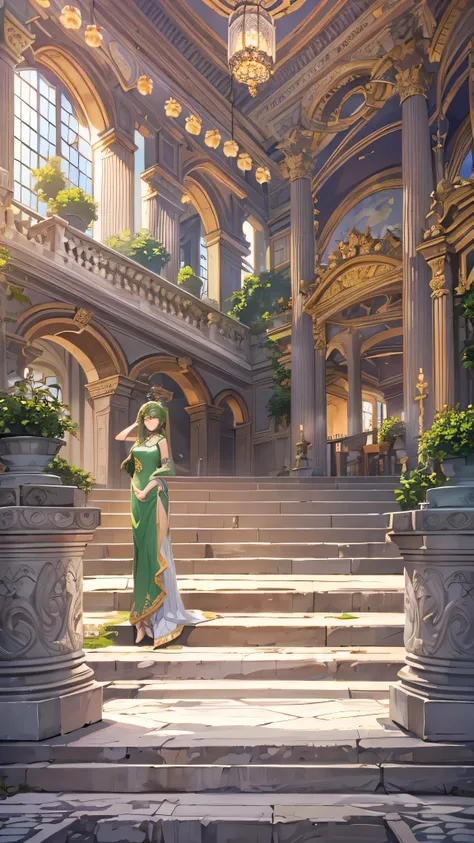  Masterpiece,  top quality,  Ojono's illustrations , 超 Hi-Res,  fine detail,  Hi-Res,  8k wallpaper,  perfect dynamic composition, Beautiful detailed eyes,   natural lips ,  green dress,  full body, Palace Hall,  random poses。