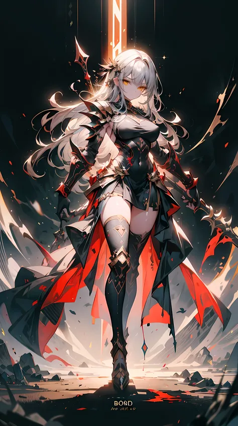" A warrior with long white hair , messed up by the wind, and intense yellow eyes . Your body is strong and toned, but covered by an imposing stylized Spartan armor , black with gold details. She holds a Spartan spear firmly on an ancient battlefield, s...