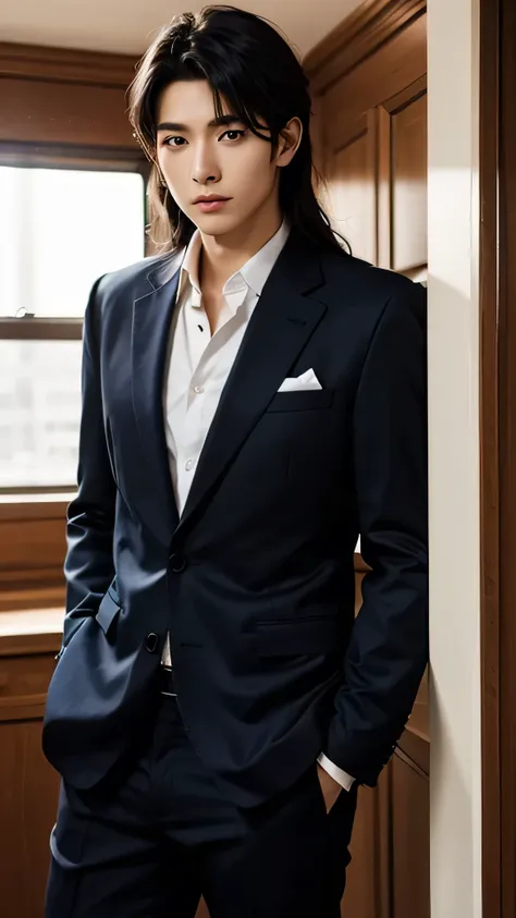  Navy Blue Business Suit 、Beautiful face man、 medium long hair 、Stylish Western-style room with soft light