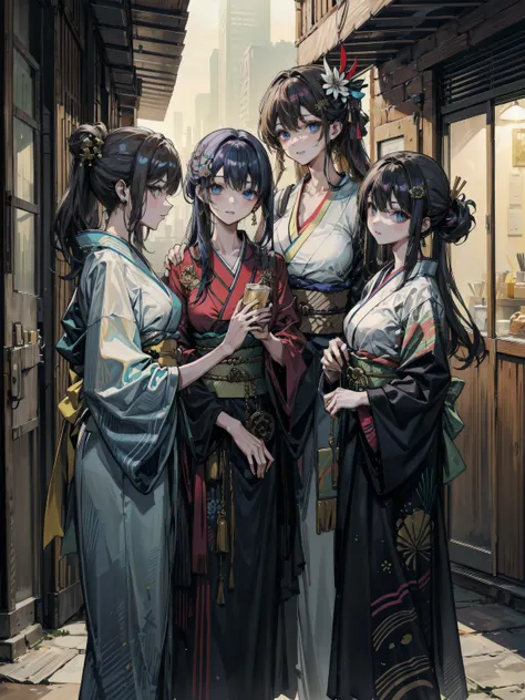 (cowboy shot:1.2), looking at viewer, earring, huge breasts, medium hair, half updo, hair ornament, black hair, (3girls:1.2), yuri, black kimono,