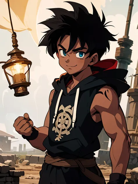  best quality image,  pretty image , anime style,  medieval fantasy style ,  imagine a age man , with blue eyes , with black skin,  dark skin,  darkened skin , Black skin,  with black hair, wearing a grey sleeveless shirt with a brownish hoodie, with a lig...