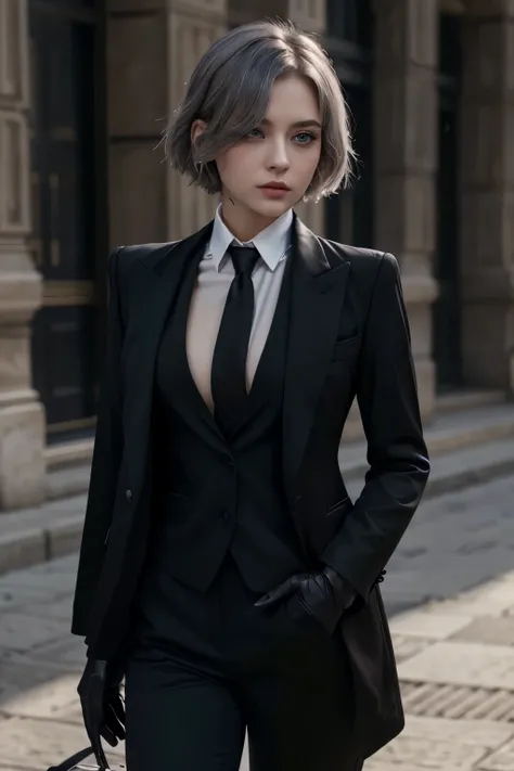 1 young woman, early 20s, cute, russian, Bethel, blue eyes, medium chest, Short hair, gray hair, hair above one eye, Gloves, alone, (black business suit:1.3), black necktie, long sleeves, serious look, (masterpiece), (best quality), (very detailed), Coat o...