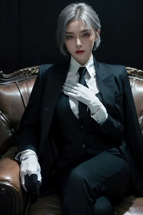 1 young woman, early 20s, cute, russian, Bethel, blue eyes, medium chest, Short hair, gray hair, hair above one eye, Gloves, alone, (black business suit:1.3), black necktie, long sleeves, serious look, (masterpiece), (best quality), (very detailed), Coat o...