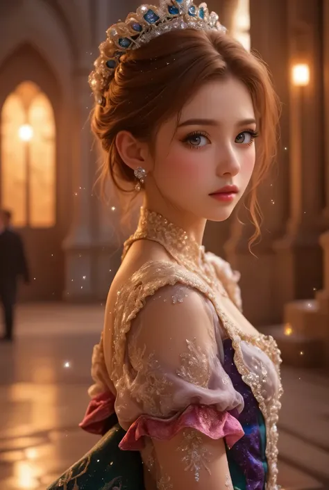 lors, deep contrast, super real, pink lipstick, warm atmosphere, cinematic composition, close-up of face. She is wearing a breathtakingly opulent princess dress with flowing, multi-layered fabrics in a mesmerizing blend of royal blue, deep crimson, emerald...