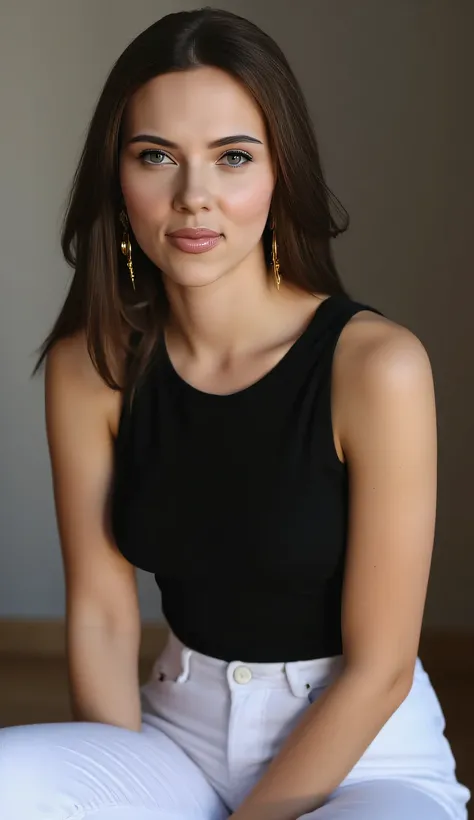  A woman,  sitting leaning facing the camera ,  wearing a long sleeveless t-shirt in black,  using tight denim trousers of white color,   store bryster