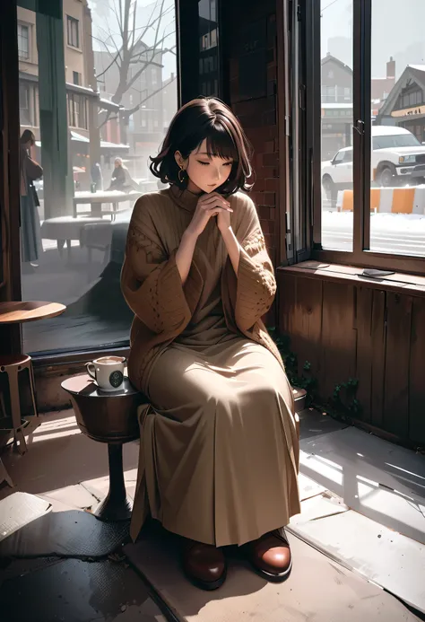 Best quality、 Hi-Res、( high image quality:1.2)、 Masterpiece、 detailed background 、Realistic、 RAW photos 、A sad scene 、Afternoon after the rain、 restless atmosphere 、Cold coffee 、 In contrast to the hustle and bustle outside, only her time flows quietly 、( ...