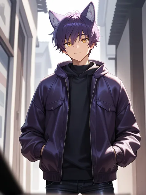 1man, male, masculine, solo, short hair, yellow eyes, purple hair, happy, closed mouth, purple wolf ears, jacket, black skinny jeans, Blurred foreground,depth of field, cowboy shot, 
,masterpiece,best quality,amazing quality,