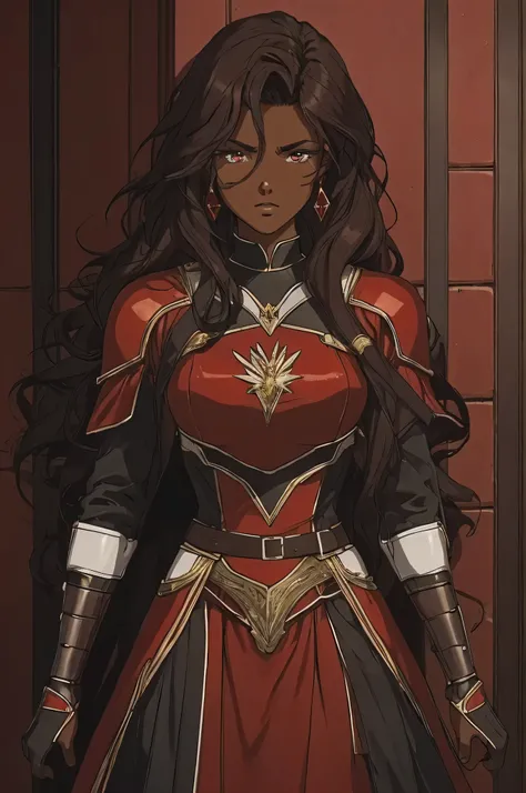 create a dark-skinned human female warrior, around 25 years old, with a well-defined and full-bodied body and a slight volume in the breasts, with dark brown curly hair and red eyes, with a sexy look, wearing a red and black armor dress