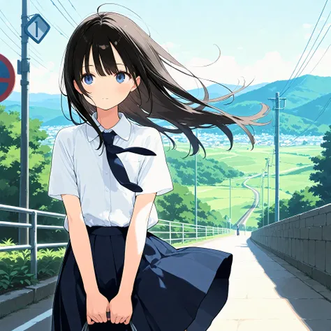 (masterpiece), (best quality), (ultra-detailed), artist:fujiyama, 1girl, route of a school, wind,
