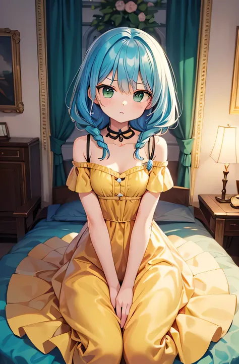  high quality　 Masterpiece　 beautiful girl　Blue Hair　 braids　 wave medium hair　 green eyes　 serious face　elegant yellow dress　 Long Skirt 　 hands are placed on chest　 cute room