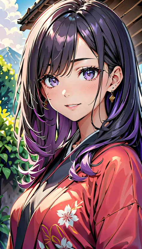   anime Beautiful woman with purple hair and purple eyes wearing a kimono