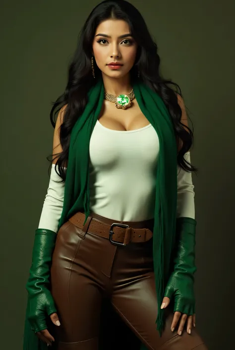 A beautiful brunette witch with long, dark brown hair, almond-shaped eyes, full pink lips, and arched eyebrows. She wears a white top with long sleeves, a short green scarf draped on her shoulders, a glowing green necklace, and rubber fingerless green glov...