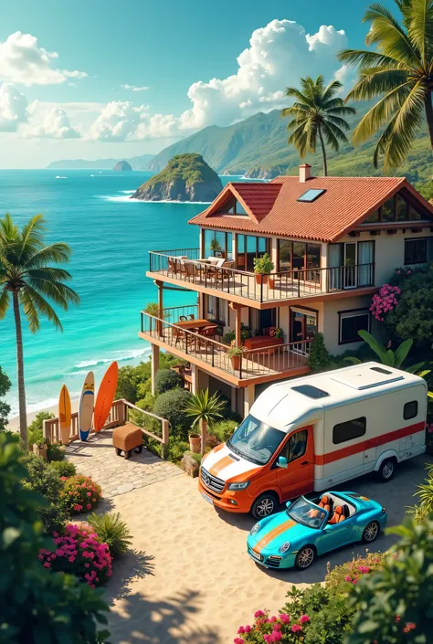 Create an image related to dream fulfillment. a house facing the sea, a decorated apartment, cars, motorcycles,  standup boards and a trailer fully equipped for traveling. an image full of colors and life