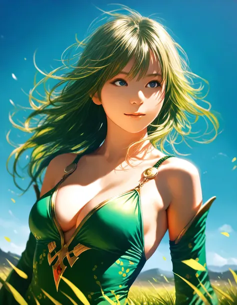 masterpiece, high score, great score, absurdres, 16k, Ultra detailed, (photorealistic : 0.65), 1girl, rydia \(ff4\), final fantasy, grassland, blue sky, year 2016, upper body